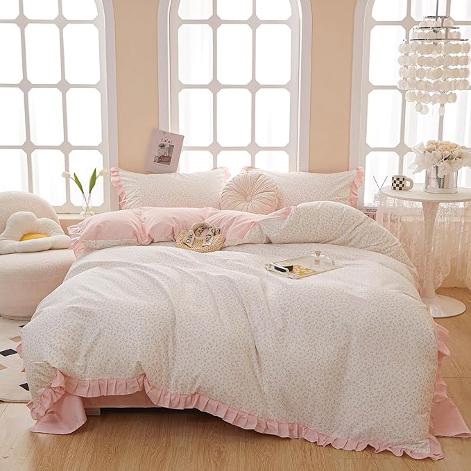 EAVD Pink Floral Duvet Cover King Soft 100% Cotton Chic Romantic Ruffled Floral Bedding Set with 2 Pillowcases Vintage Style Botanical Floral Comforter Cover with Zipper Closure