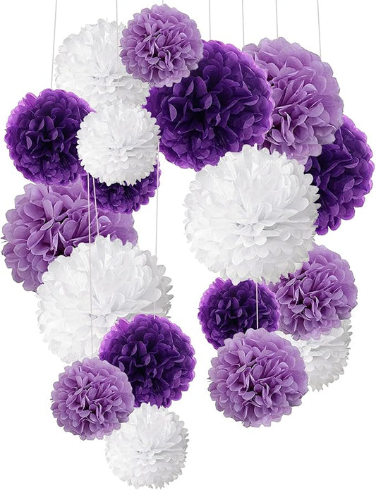 Tissue Paper Pom Poms, Recosis Paper Flower Ball for Birthday Party Wedding Baby Shower Bridal Shower Festival Decorations, 18 Pcs - Purple, Lavender and White