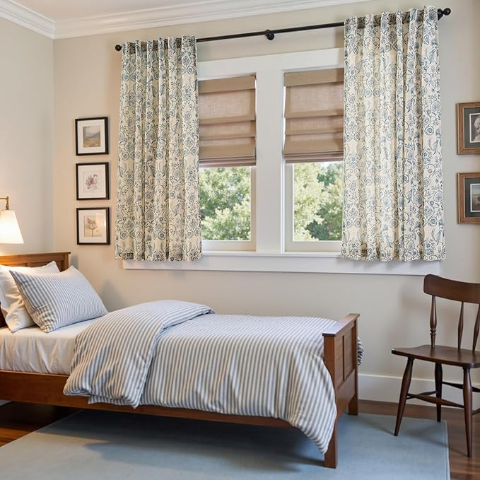 jinchan Linen Floral Curtains for Living Room with Printed Flower 63 Inches Long Light Filtering Farmhouse Window Treatment Vintage Short Drapes Back Tab Rod Pocket 2 Panels Blue on Beige