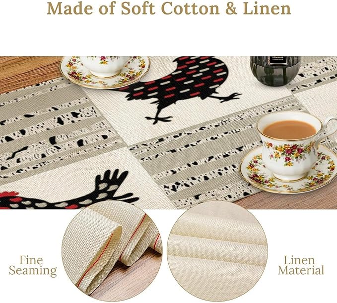 Farmhouse Rooster Table Runner, Rustic Farm Animals Funny Chicken Dinner Runner for Country Farmhouse Home Kitchen Dinner Table Party Decoration 13x36in