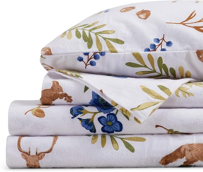 Market & Place 100% Cotton King Flannel Sheet Set | 4 Piece Deep Pocket Novelty Cozy Winter Bed Sheets | Double Brushed for Extra Softness & Comfort | Alpine Collection (King, Woodland Forest)