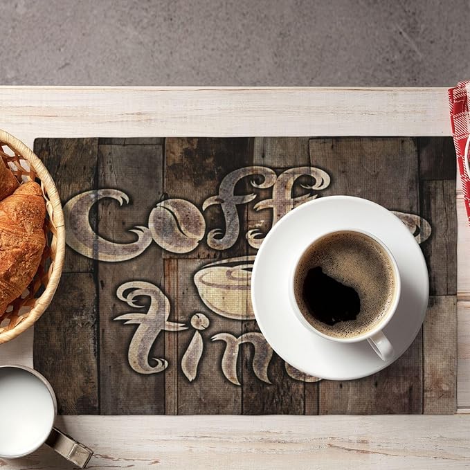 Coffee Place Mats Set of 4,Coffee Time Phrase with A Cup on A Wooden Grunge Background Kitchen Image Placemats for Dining Table 4 PCS, Cafe-1