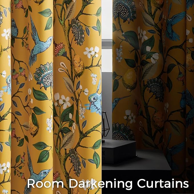 Mustard Yellow Vintage Floral Curtains 84 Inches Long for Living Room Bedroom Luxury Whimsical Lemon Hummingbird Patterned Waverly Mid Century Colorful Pinch Pleated Blackout Drapes 2 Panels