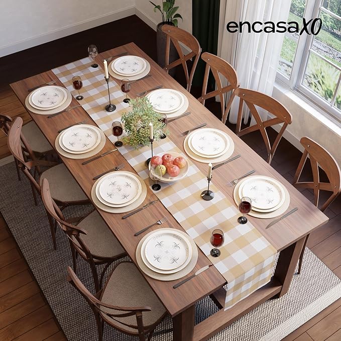 Encasa XO Cotton Dining Table Runner | Buffalo Beige Checks | Size 13x59 in - Machine Washable & Durable