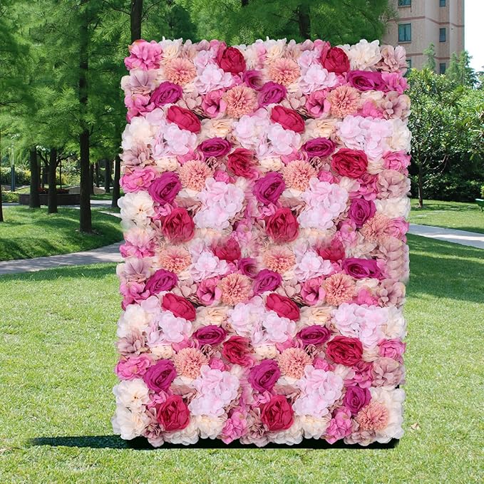 6PCs Floral Backdrop, Realistic Silk Rose Wall, 23.6 * 15.7 in Artificial Flower Wall Decor for Wedding, Home Decor (Fuchsia)
