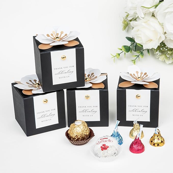 FEIYI 20 PCS Candy Boxes, 3 In 1 Black Favor Boxes with Floral Decor, White Thank You Tags Gift wrapping for Wedding Birthday Baby Shower Decorations Party -2.55x2.55x2.55''