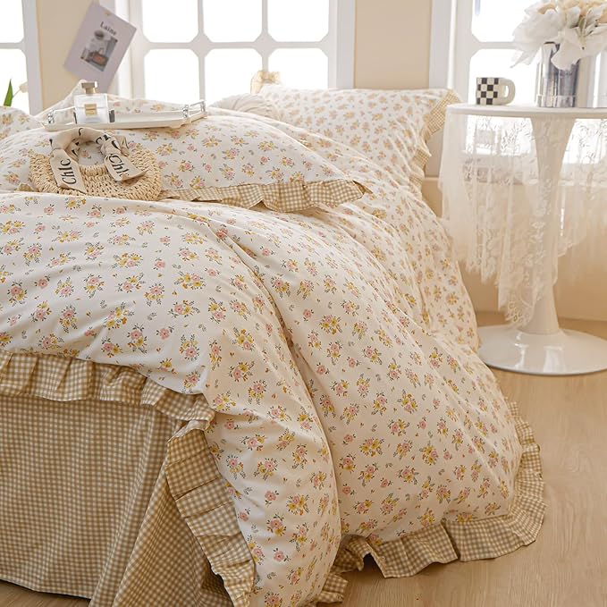 Girls Ruffle Duvet Cover Queen Chic Floral Princess Lace Comforter Cover Soft Breathable 100% Cotton Flower Bedding Set Vintage Botanical Duvet Cover Romantic Ruffle Comforter Cover with 2 Pillowcases