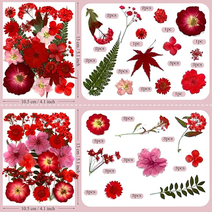 94 Pcs Red Pressed Dried Flowers for Resin, Real Natural Bulk Dry Wildflowers Leaves Perfect for Epoxy Molds, DIY Crafts, Home Decor, Soap Candles Jewelry Making