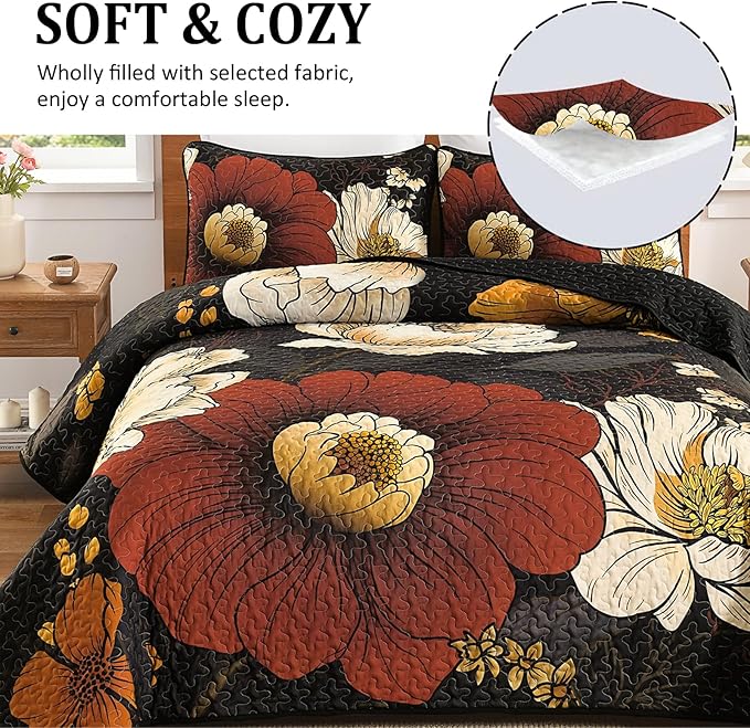 Dintszyayue Black Quilt Set Queen, 3 Pieces Red Floral Bedspreads Lightweight Coverlet Set for All Seasons, Reversible Quilted Printed Bedding Set with 2 Pillow Shams