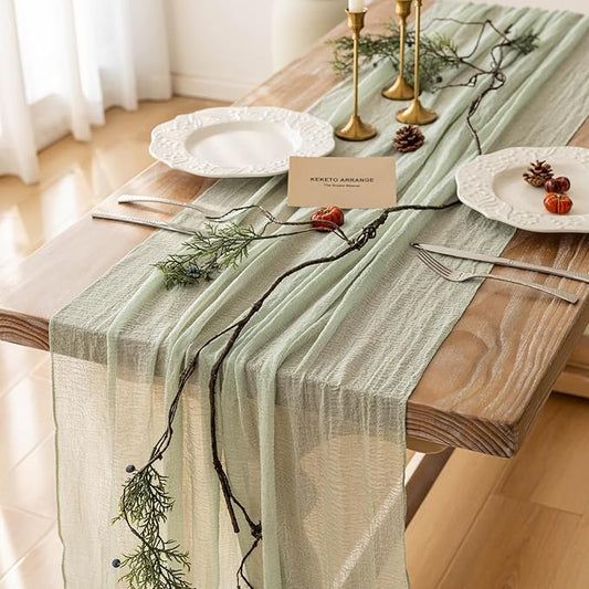 6pcs Sage Green Table Runner Cheesecloth 120 Inch 10 FT Rustic Boho Cheese Cloth Table Runner for Wedding Baby Shower Bridal Shower Sheer Gauze Centerpiece Home Decorations