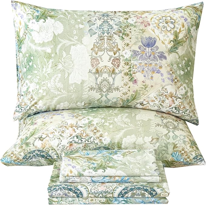 Zusbest King Size Sheets Luxury Sage Green Floral Bed Sheet Set 100% Cotton, Satin Weave Soft Silky Breathable for Hot Sleepers American Country Style Vintage Flower Deep Pocket 17.5‘’ Bed Set 4Pcs