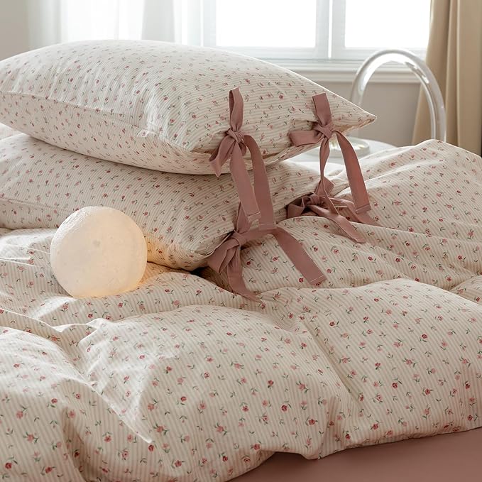 AOJIM Pink Floral Duvet Cover Set for Girls Women, Pure Cotton Soft Bedding Comforter Cover Set 3pcs for Room Decor, 1 Exquisite Quilt Cover Twin Size and 2 Pillowcases with Bowknot, No Comforter