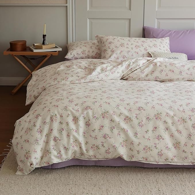 LifeTB Vintage Garden Floral Comforter Set Queen Cute Pink Floral Bedding Comforter for Queen Bed Reversible Botanical Flowers Comforter with 2 Pillowcases Girls Cottagecore Bedding Comforter Set