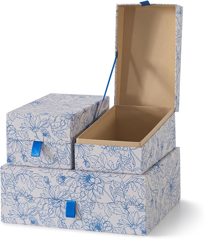 Soul & Lane Blue Floral Decorative Boxes with Hinged Lids and Blue Ribbon Pull - Sapphire Bloom, Set of 3 (One Large and Two Medium Boxes), Cardboard Storage for Photos, Documents, Keepsakes