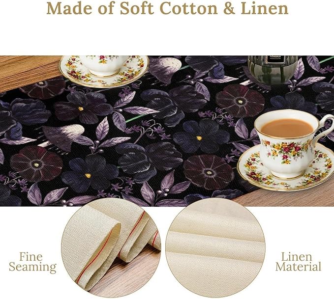 Gothic Floral Table Runner, Dark Purple Vintage Garden Flower Witchy Mushroom Farmhouse Coffee Table Center Decor for Home Kitchen Dining Patio Holiday Party Table Decorations 13x108 inches