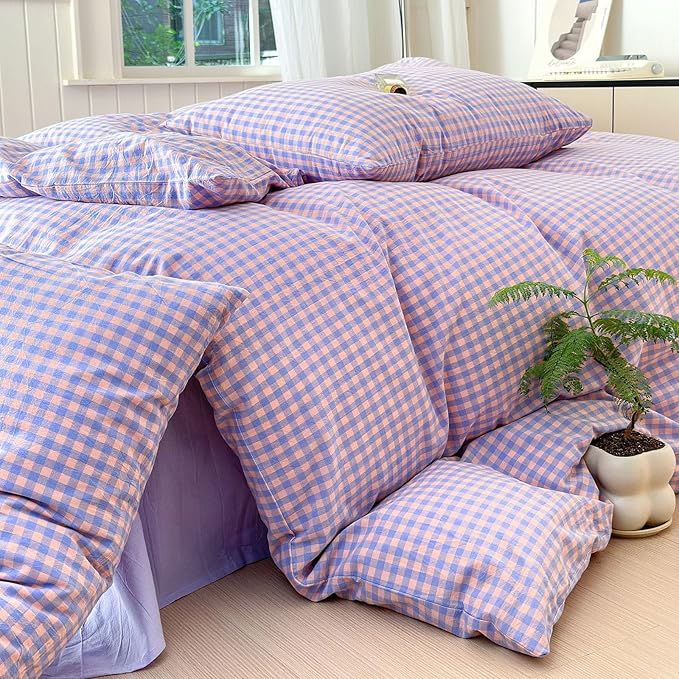 LifeTB Purple Gingham Comforter Set Full Modern Style Purple Pink Grid Plaid Comforter Soft Fluffy 3 Pieces Checkered Pattern Comforter Set Farmhouse Gingham Bedding Comforter with 2 Pillowcases