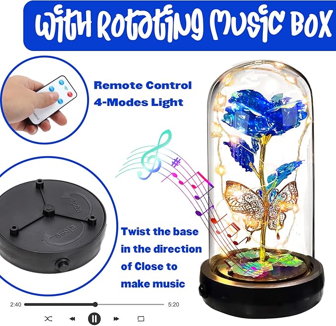 Birthday Rose Flower Gifts for Women, Mothers Day Glass Rose Gift for Mom from Daughter Son, Colorful Blue Rainbow Rose in Glass Dome with Music Box, Light Up Rose in Glass Dome for Her Wife Grandma