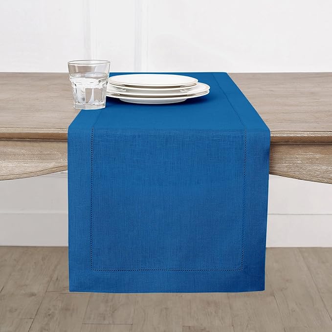 Solino Home Linen Table Runner 108 Inches Long - 100% Pure Linen Indigo Blue Table Runner 14 x 108 Inch for Winter, Spring, Easter - Classic Hemstitch