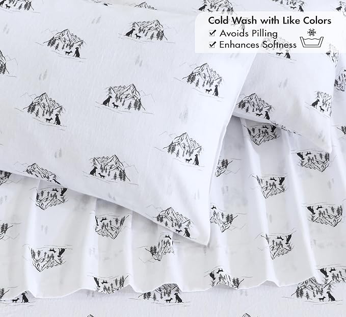 RUVANTI Flannel Sheets Queen Size - 100% Cotton Double Brushed Bed Sheets, Deep Pockets 16 Inches Queen Sheet Set, All Seasons Breathable & Extra Soft - Warm & Cozy, 4 Piece, Soul Dog White
