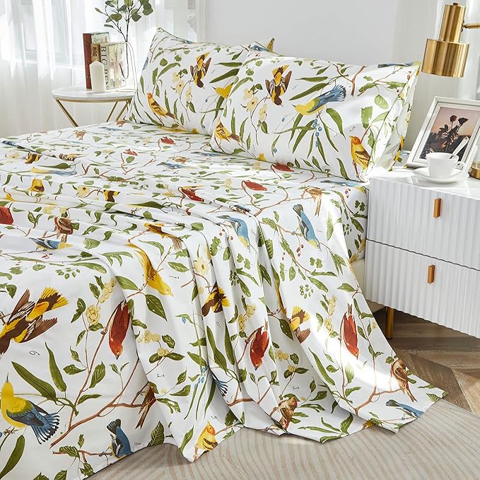 Brandream Eastern Floral Birds Bedding Chinoiserie Blossom Sheet Set Luxury Bedding 800TC 100% Egyptian Cotton Deep Pocket White Green Asian Style Botanical Ornamental Drawing, 4PC-King Size