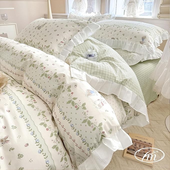 VM VOUGEMARKET Twin Comforter Set with Flower Green Leaves Prints White Ruffle Bedding Down Comforter with 2 Pillow Shams Cute Rabbit Comforter Set for Kids(3pcs,Twin XL)