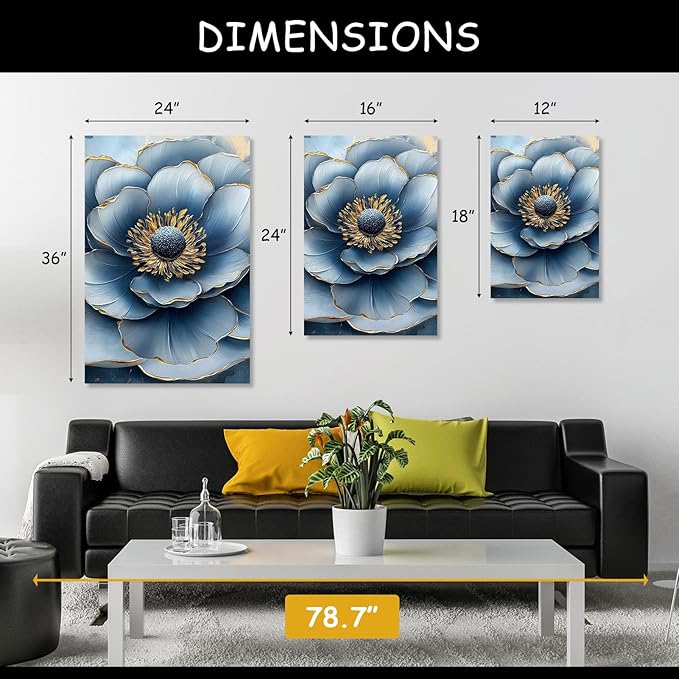 Kewhush Blue Wild Rose Canvas Wall Art, Floral Canvas Prints, Flower Blooming Set of 3 Pictures, Rose Wall Decor, Gold Accent Decor, Modern Artwork for Living Room, Bedroom (16" x 24" x 3 pcs)
