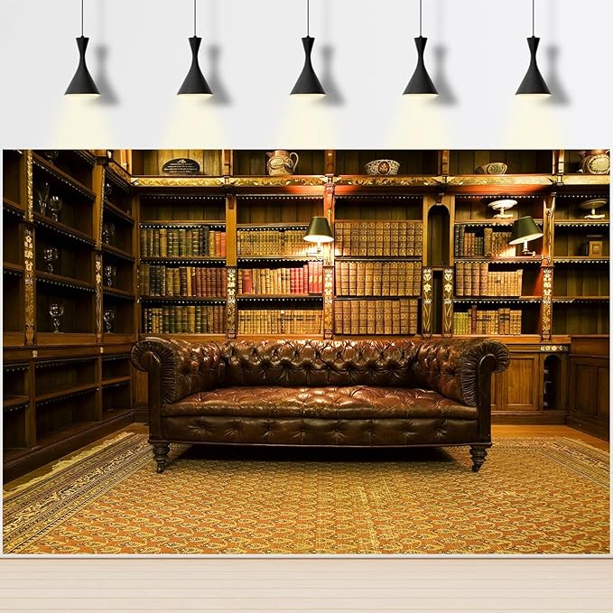 Library Backdrop Vintage Luxury Old School Library Bookshelf Collection Photography Background Business Room with Leather Sofa Book Shelf Wallpaper Decorations for Adult Photos Prop 15x10ft