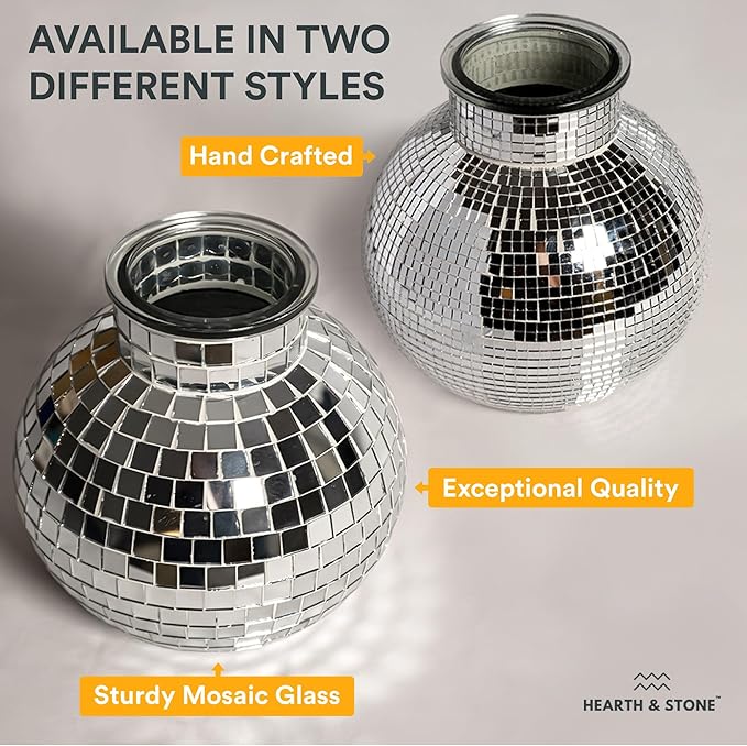Disco Ball Planter | 7” Disco Ball Vase for Flowers & Plants | Handmade Silver Square Small Mirrors Center Piece | Disco Ball Plant Holder Silver
