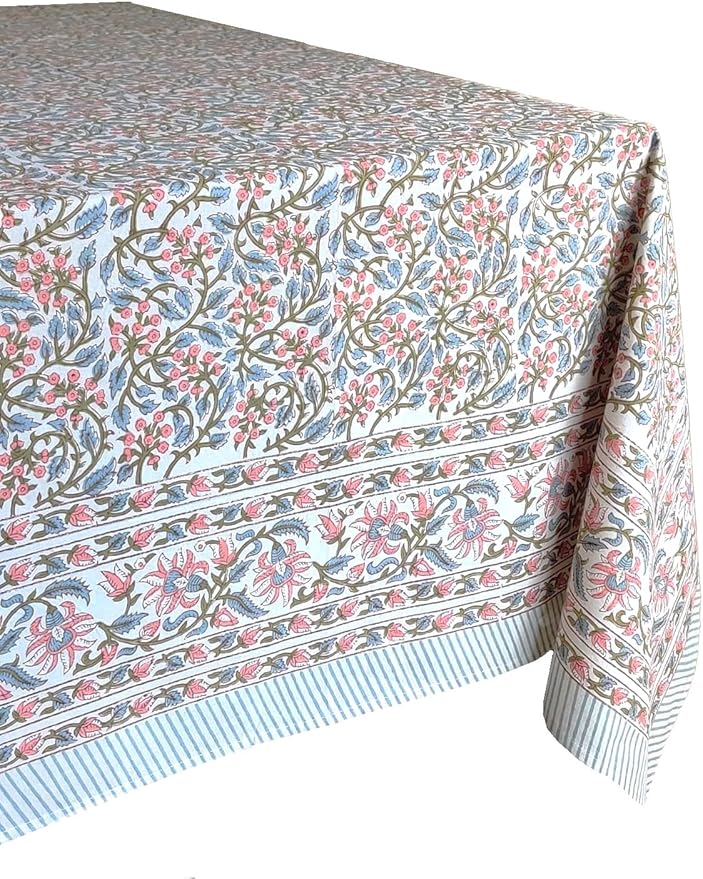 ATOSII Kalina 100% Cotton Rectangle Tablecloth, Handblock Floral Linen Table Cloth for Kitchen Dining Table I Parties Wedding Outdoors I Home Decor 60 X 108 Inches