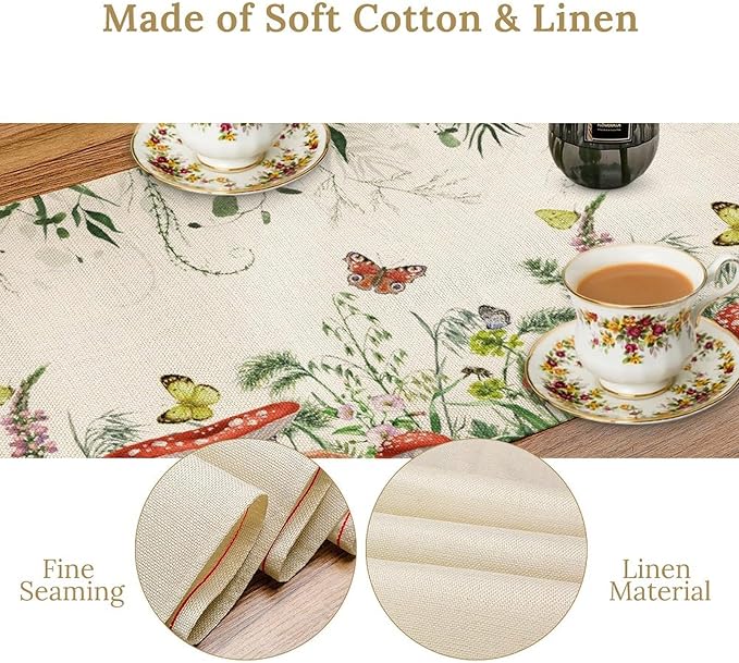 Watercolor Mushroom Table Runner, Boho Vintage Green Plant Butterfly Wildflower Eucalyptus Leaf Print Table Cover for Home Holiday Party Indoor Outdoor, 13x60inch