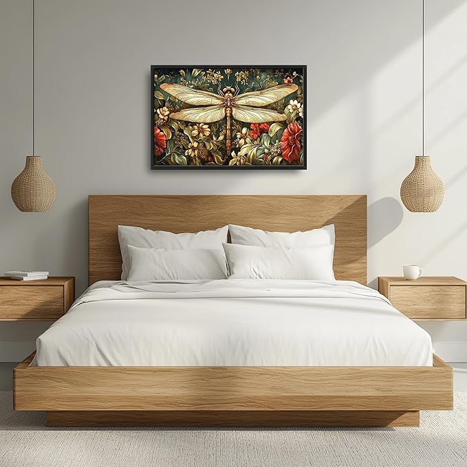 Dragonfly Floral Large Wall Art Framed Wall Decor for Living Room Dragonfly Pictures Oversized Canvas Print Painting Modern Extra Large Framed Artwork for Bedroom Office Home Decor 36"x24"