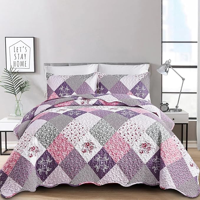 Dinjoy Purple Quilt Set Queen Size, Reversible Floral Plaid Patchwork Pattern Bedding Set Soft Microfiber Lightweight Bedspread Coverlet 3 Piece Spring Summer Use (90x90 inches)