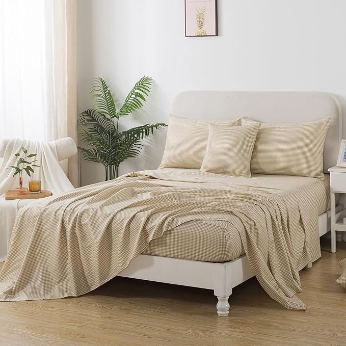 FADFAY Brown Plaid Full Size Sheets 100% Cotton Geometric Checker Bedding Teens Grid White Gingham Pattern College Bedding Deep Pocket Sheets with 2 Pillowcases Ultra Soft 4pcs, Full Size