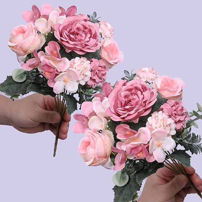 2 Pack Artificial Peony Flowers, Silk Peonies Flowers Fake Peonies Artificial Flowers Peonies Hydrangea Bouquet for Centerpiece Table Wedding Party Home Decor (2, Rose + Pink)