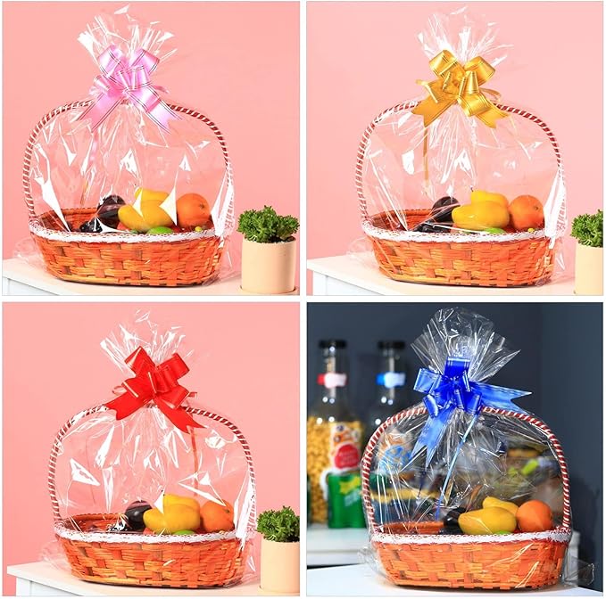 50 Packs 32 x 40 Inches Extra-large Cellophane Bags for Basket Jumbo Clear Cellophane Wraps Clear Huge Cello Bags for Baskets, Gifts, Christmas Trees, Treats, Arts and Crafts, 50ct Ribbon Bows