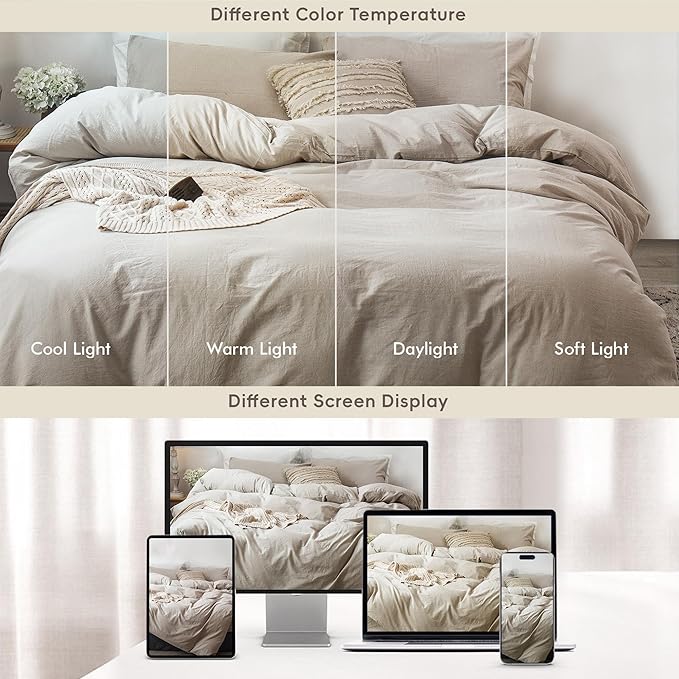 MooMee Bedding Duvet Cover Set 100% Washed Cotton Linen Like Textured Breathable Durable Soft Comfy (Heathered Tannish Linen Grey, Oversized Full 82"x86")