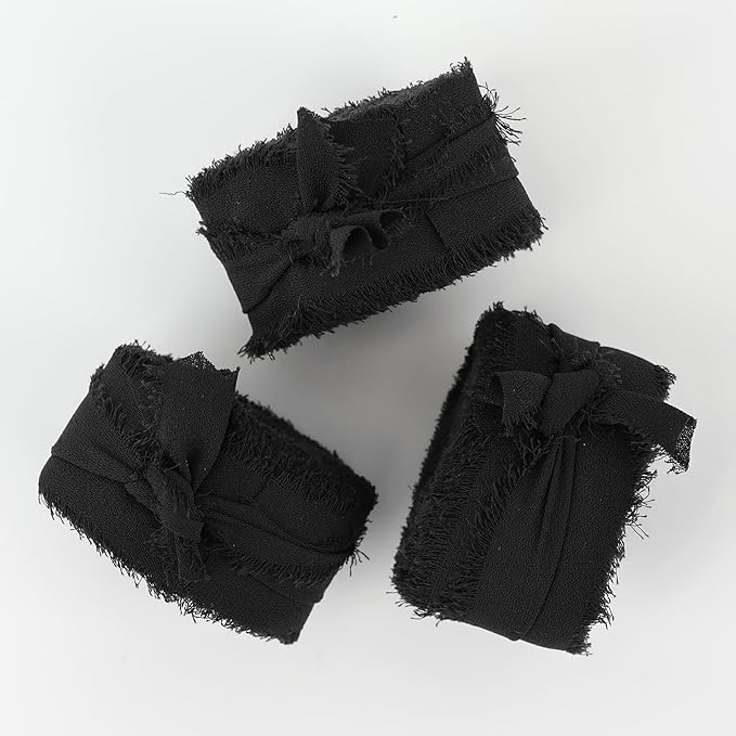 MEEDEE Black Chiffon Ribbon 1 Inch Frayed Ribbon Chiffon Silk Ribbons Black Fringe Thin Chiffon Ribbons for Crafts, Gift Wrapping, Wedding Invitation (3 Rolls 21 Yards)