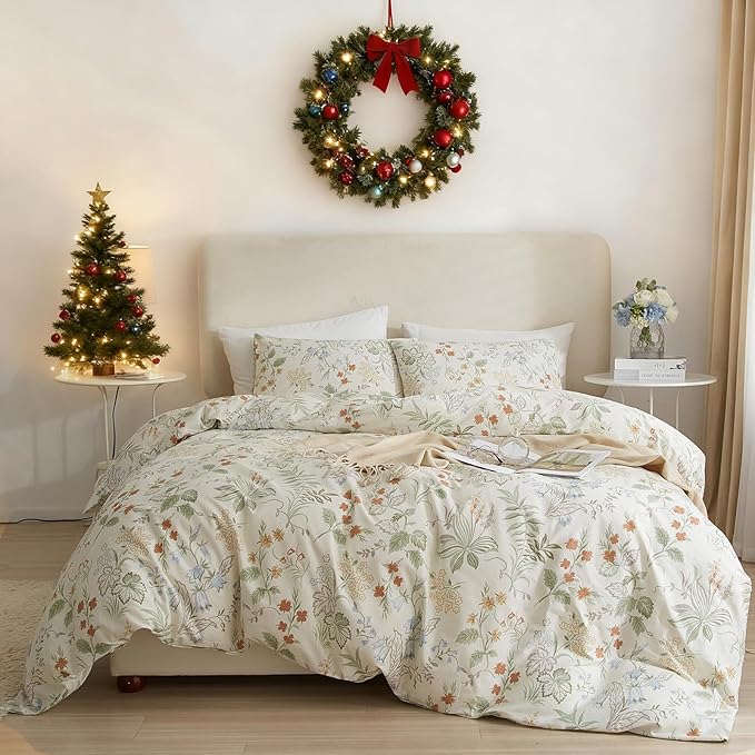 EAVD Twin Duvet Cover Girls Floral Duvet Cover Soft 100% Cotton Chic Fresh Garden Floral Bedding Set with 2 Pillowcases Reversible Vintage Botanical Comforter Set with Zipper Closure