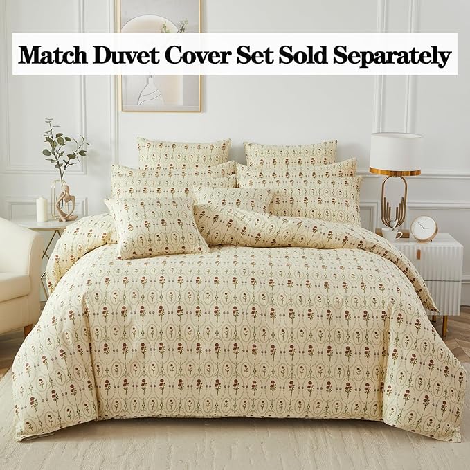 FADFAY Full Size 100% Cotton Beige Bed Sheets Set Elegant Red Rose Floral Pattern, Soft and Luxurious Shabby Vintage French Country Bedding, 4 Pieces Deep Pocket Fitted Sheet
