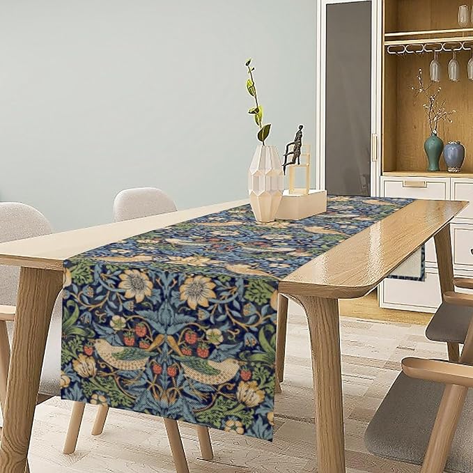 William Morris Floral Table Runner,Flowers Botanical Printed Table Runner for Home Kitchen Dining Table Decoration,13x90 Inch Strawberry Thief