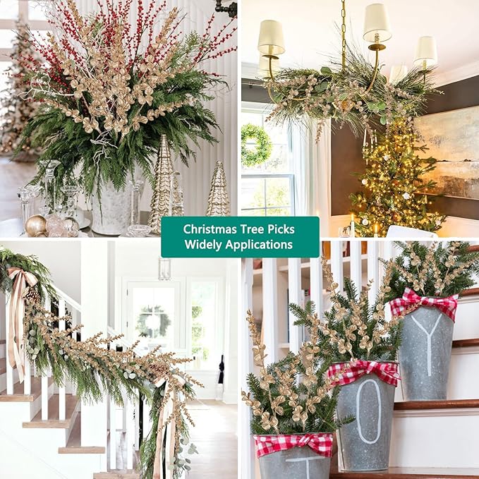 8 Pcs Christmas Tree Picks and Sprays Champagne Glitter Christmas Picks 25.6" Christmas Glitter Eucalyptus Leaves Stems for Christmas Tree Filler Branches Wreaths Centerpieces Holiday Decorations