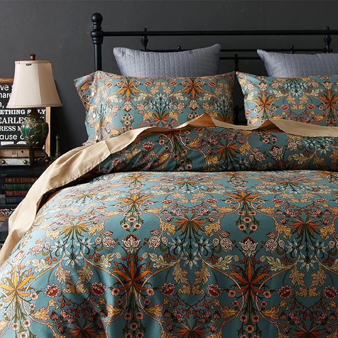 Vintage Flower Duvet Cover Full Percale Cotton Medallion Print Floral Bedding Set Full Farmhouse Bohemian Flower Comforter Cover with 2 Pillowcases Aesthetic Boho Duvet Cover with Zipper Closure
