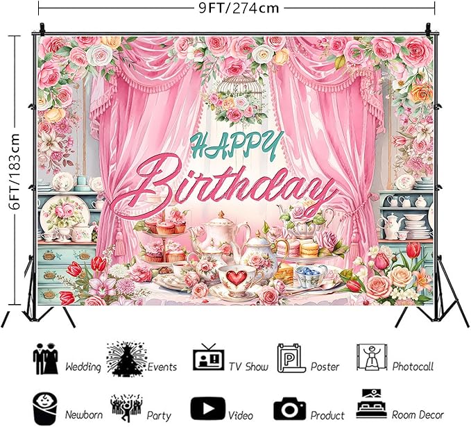 Tea Party Backdrop Let's Partea Happy Birthday Photography Background Wonderland Pink Rose Floral Teapot Women Tea Party Decor Banner Portrait Photo Booth Studio Props 9x6ft FU084YL