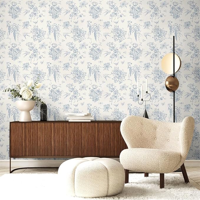 Cream White and Blue Peel and Stick Wallpaper Vintage Floral Contact Paper 16.9"x 393.7" Blue Floral Wallpaper Peel and Stick Birds Self Adhesive Removable Wall Paper for Bedroom Bathroom