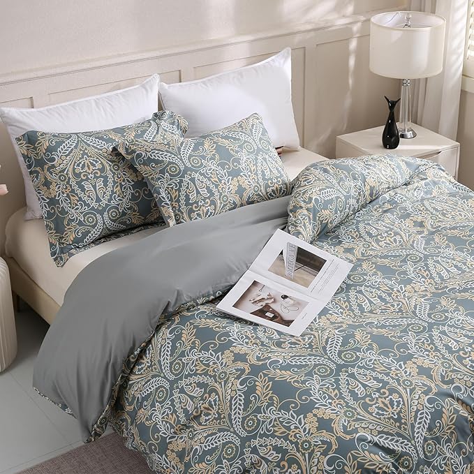 LONAVA King Paisley 3 Pcs Duvet Cover Set, Breathable Soft Microfiber Grey Lining Comforter Cover with Zipper Closure, and 2 Anti-Pilling, Fade Resistant Pillowcases, Green Pasliey