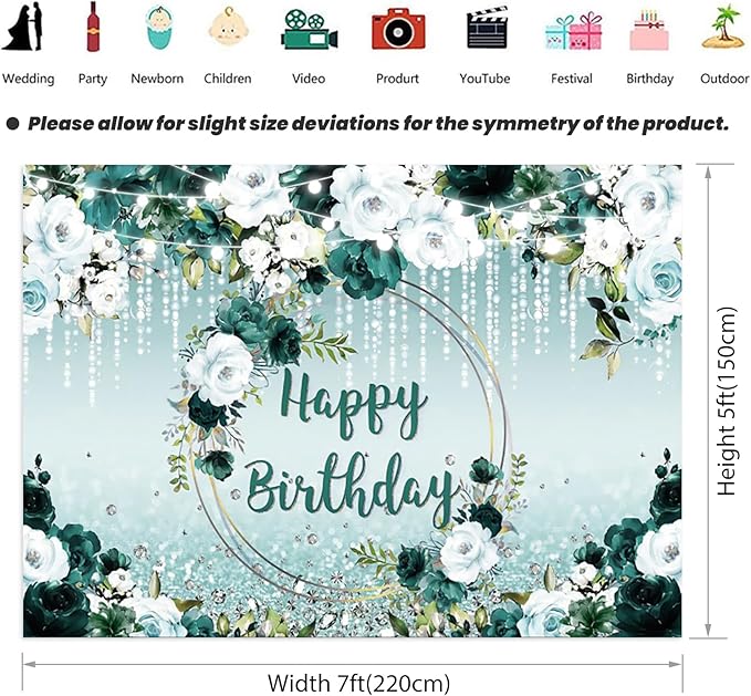 Renaiss 7x5ft Floral Happy Birthday Backdrop for Woman Green White Flowers Blooming Fabric Photography Background Shinning Diamond Photo Backdrop for Birthday Party Supply