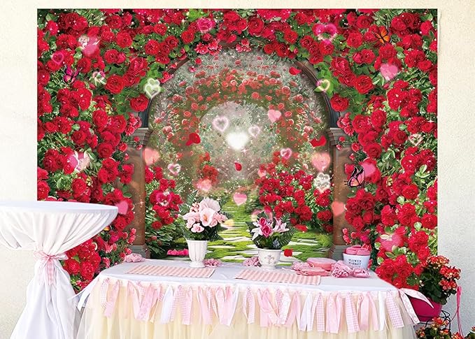 Valentines Day Flowers Garden Backdrops Red Rose Spring Floral Scene Photography Backdrop Girls Birthday Bridal Shower Wedding Party Decorations Banner Photo Booth Props (10x8FT(120x96 inch))