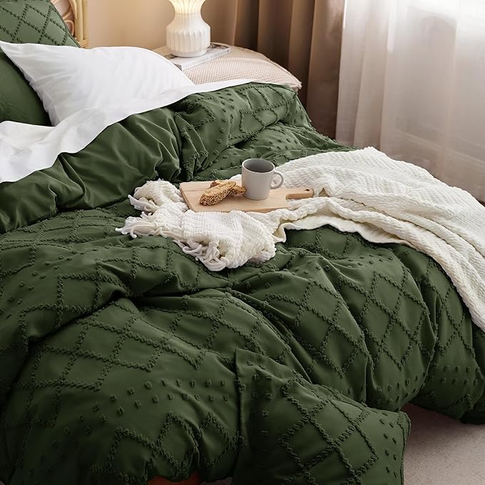 Bedsure Boho Twin Duvet Cover Size - Dark Green Breathable & Soft Boho Bedding, Machine Washable Comforter Cover for All Seasons, Includes 1 Duvet Cover 68"x90" with 1 Pillow Sham & Zipper Closure