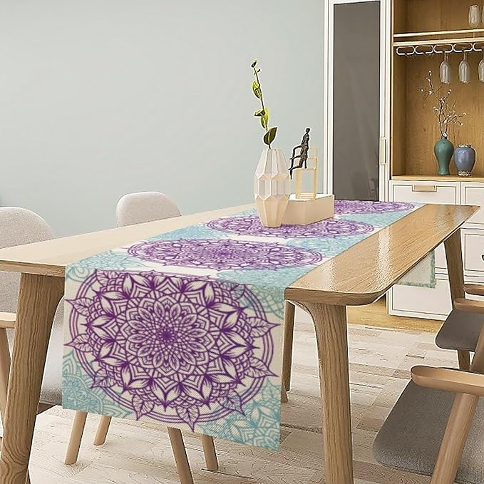 Boho Mandala Table Runner, Purple Blue Bohemian Floral Table Decor Runner for Kitchen Dining Indoor Outdoor Party Decoration, 13x60 Inch