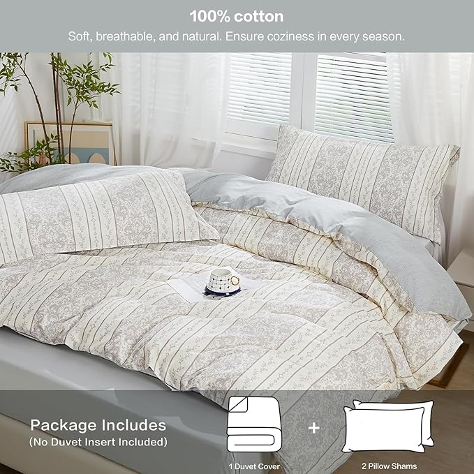 SAPHREAS Grey White Boho Duvet Cover Set Cotton,Modern All Season Bedding Set with Sham 3 Pieces Gray Comforter Set Soft and Lightweight King 1 Duvet Cover 2 Pillow Shams(Insert Excluded)